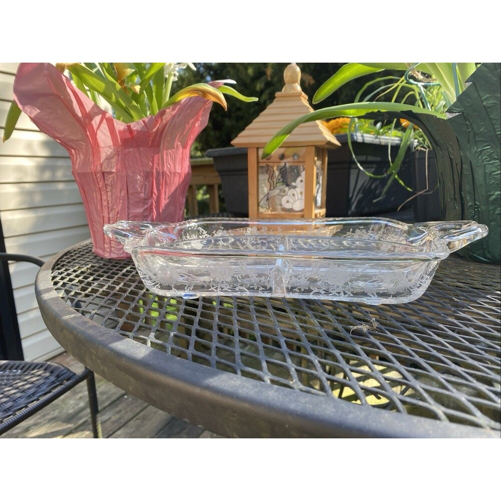 VTG 1940's Martinsville Viking Glass Etched Handled 3 Section Serving Dish 13" x